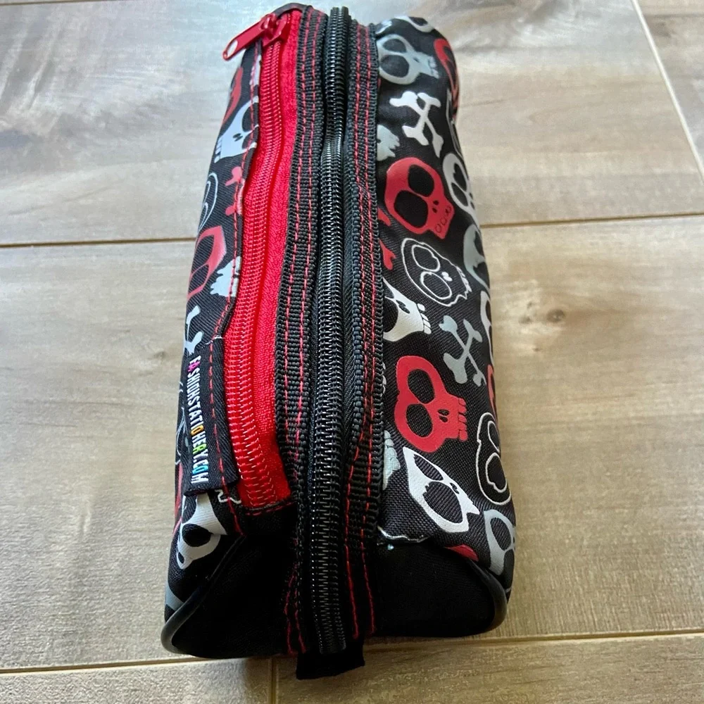 Fashion Stationary Black, Red and Gray Skull & Crossbones Double Zip Pencil Case
